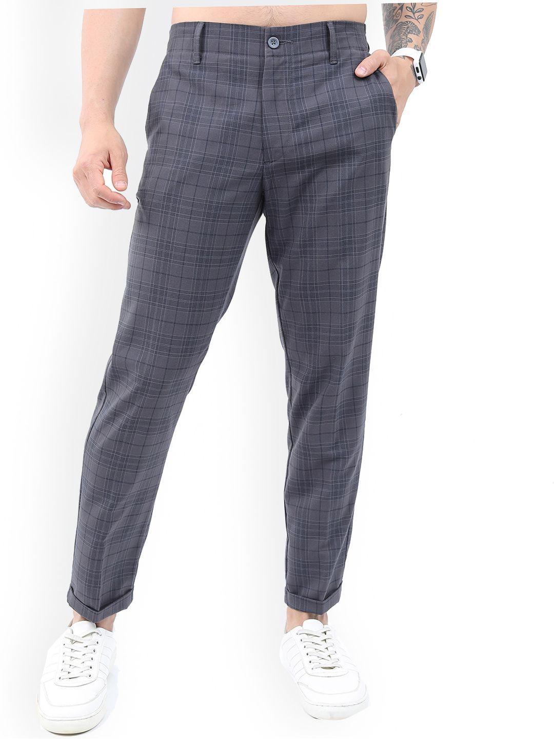 highlander men charcoal checked slim fit chinos smart casual trousers