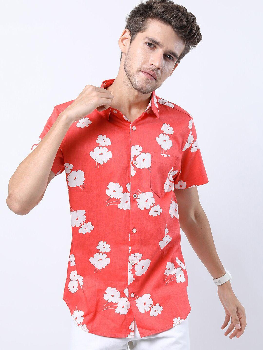 highlander men coral slim fit floral printed cotton casual shirt