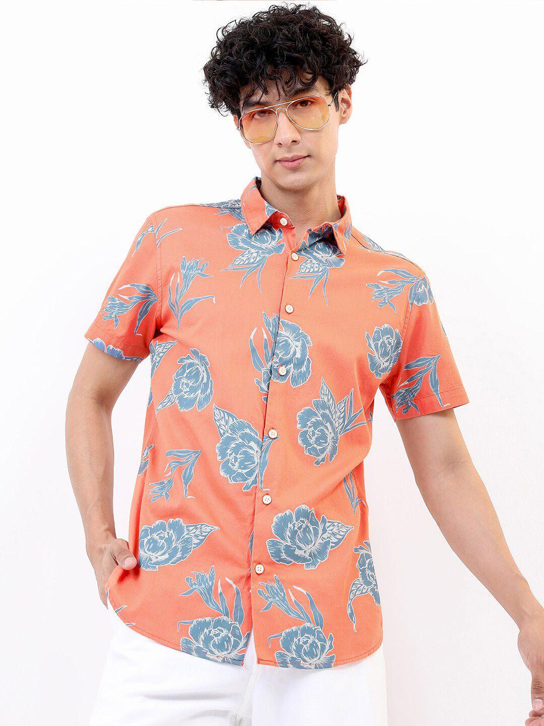 highlander men coral slim fit floral printed cotton casual shirt