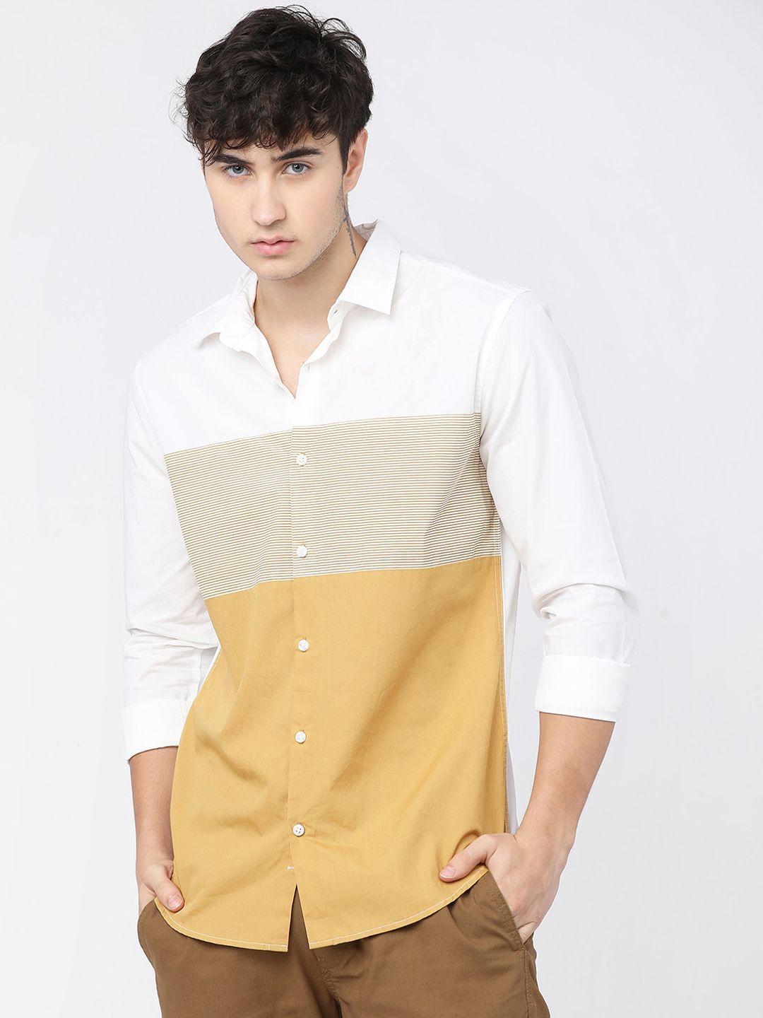 highlander men cotton white & mustard slim fit colourblocked casual shirt