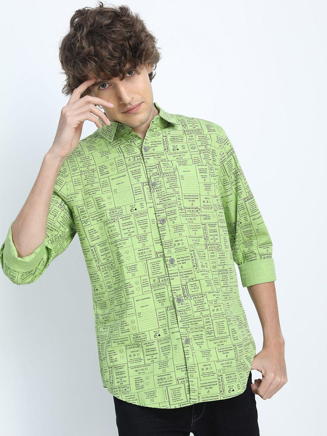 highlander men green & black slim fit printed cotton casual shirt