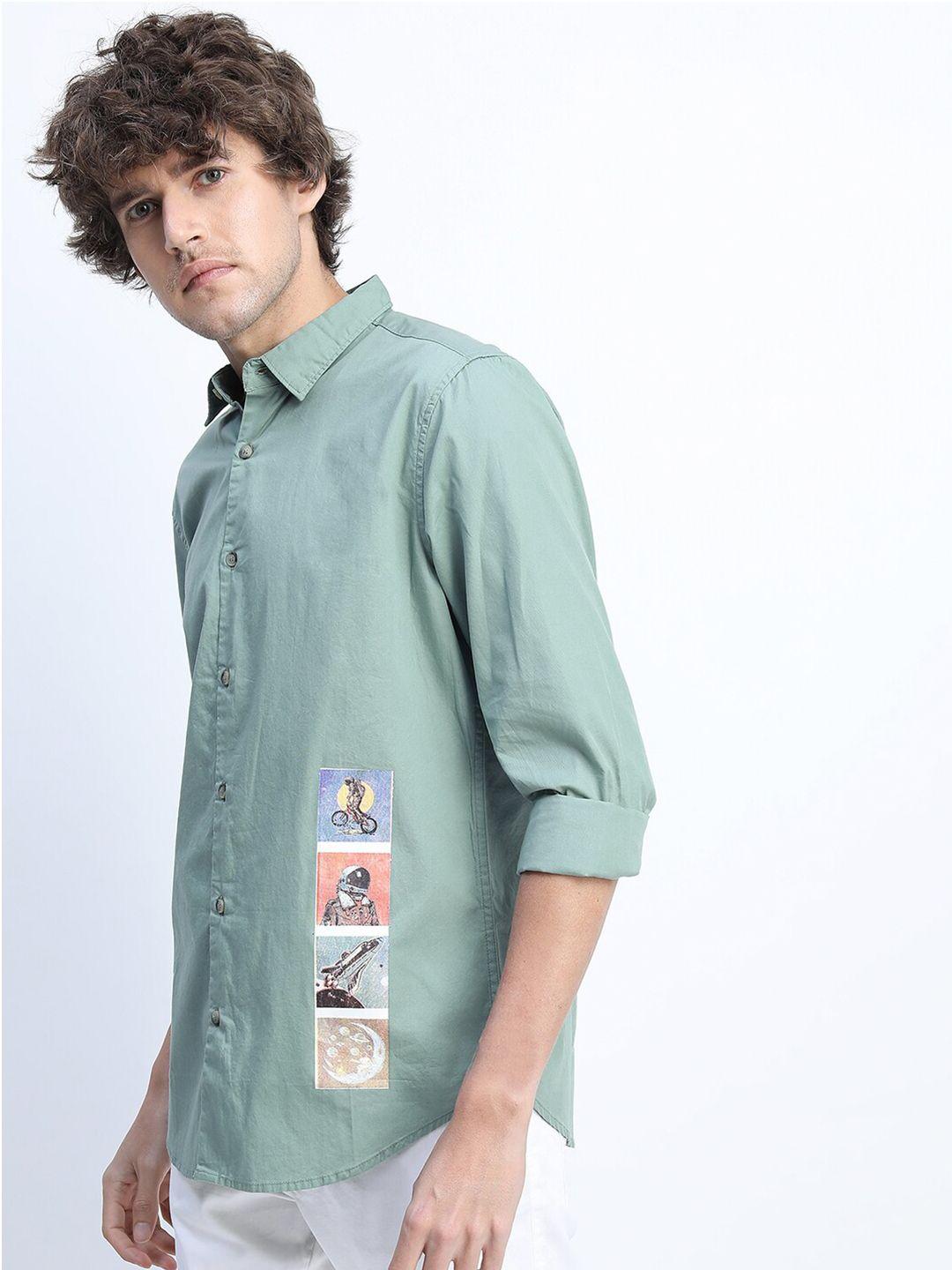 highlander men green & pink printed slim fit cotton casual shirt