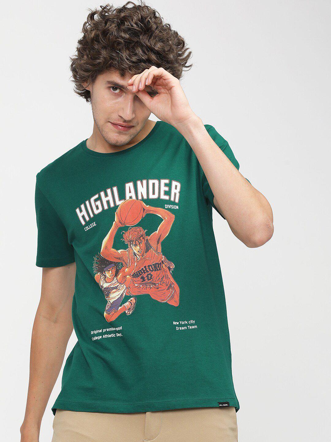 highlander men green printed slim fit t-shirt