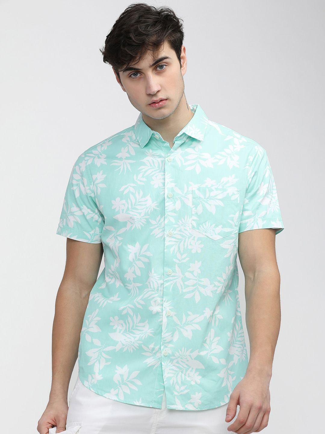 highlander men green slim fit floral printed casual shirt