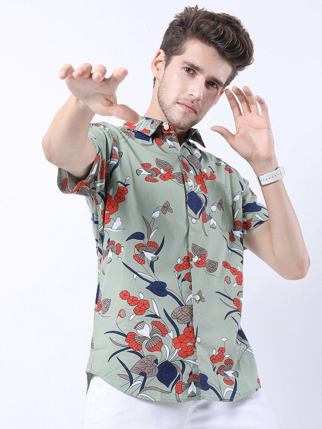 highlander men green slim fit floral printed casual shirt