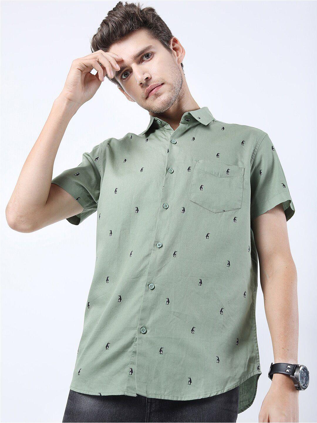 highlander men green slim fit printed casual shirt