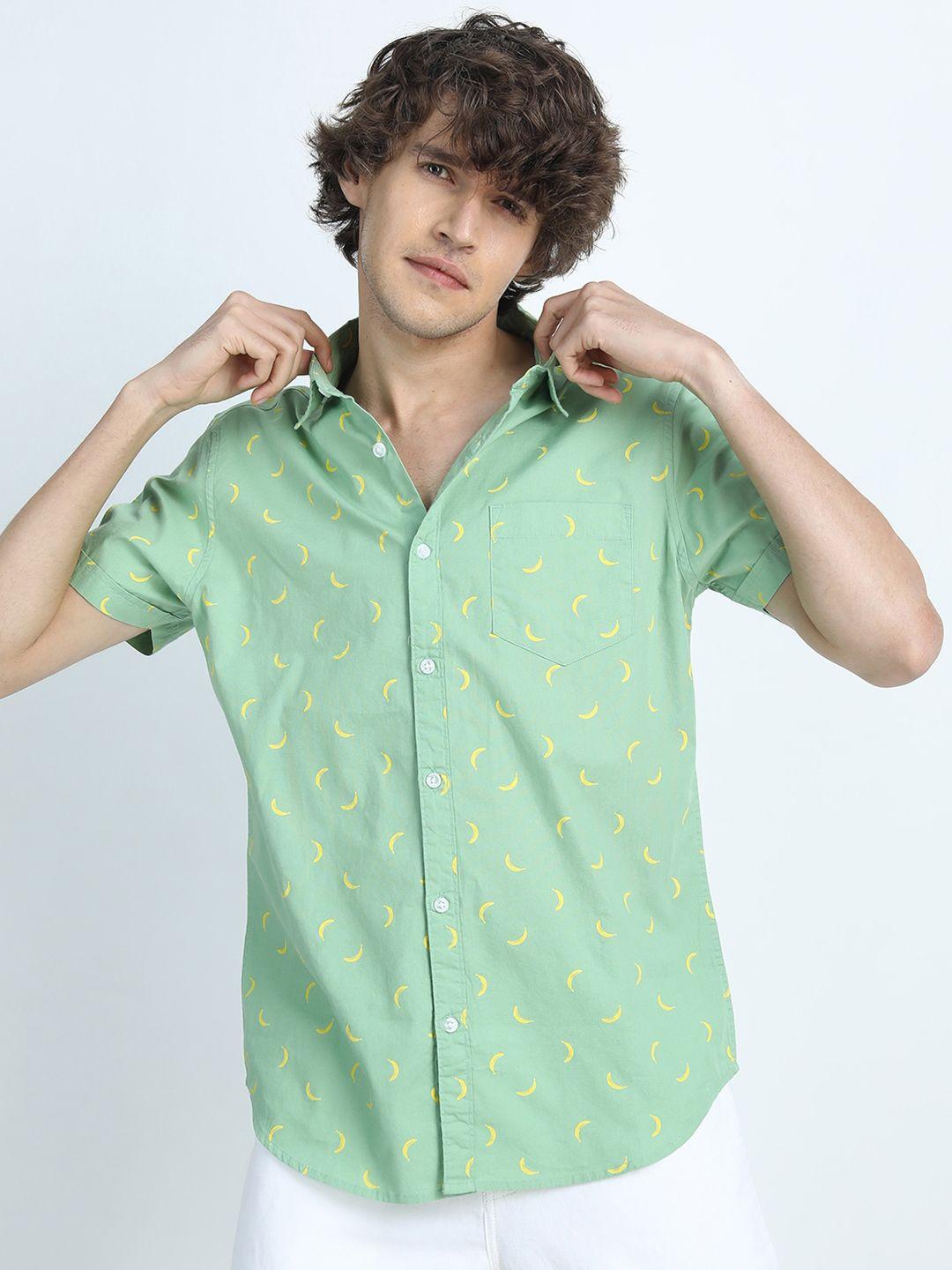 highlander men green slim fit printed cotton casual shirt