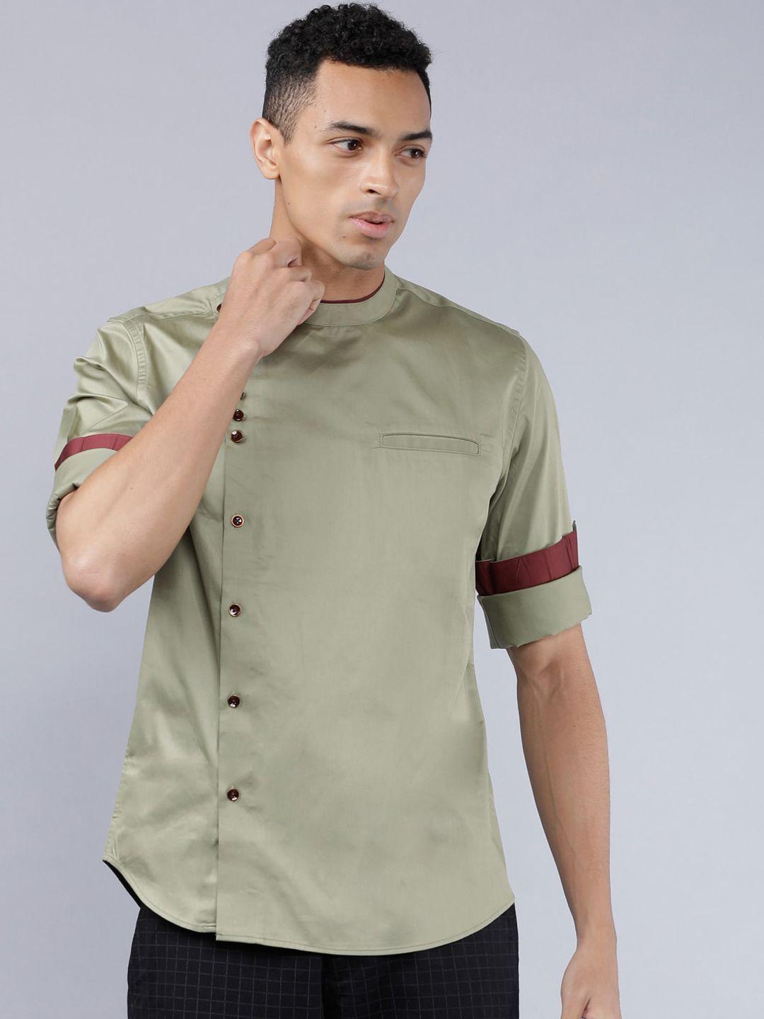 highlander men green slim fit solid casual shirt