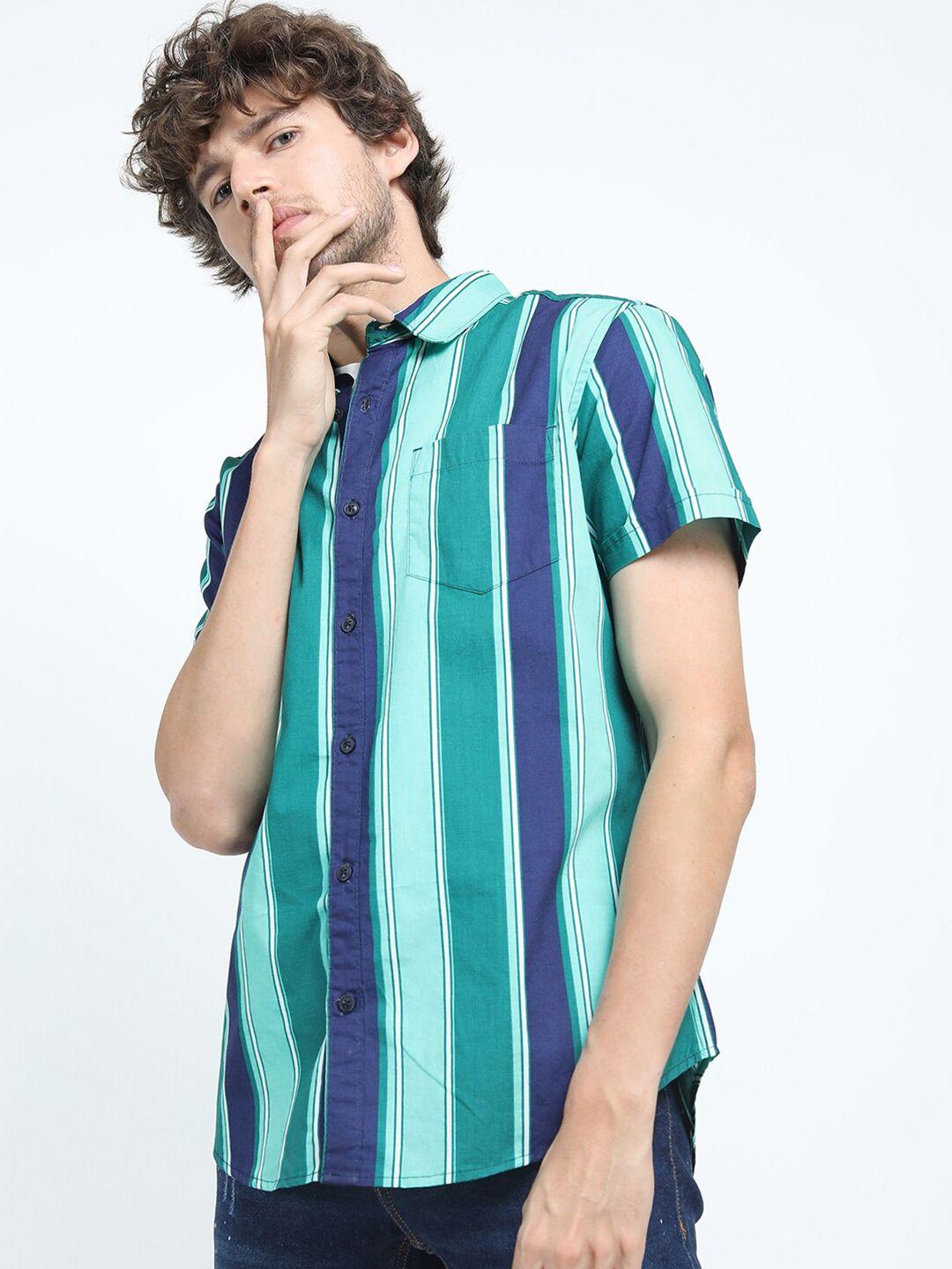 highlander men green slim fit striped casual shirt