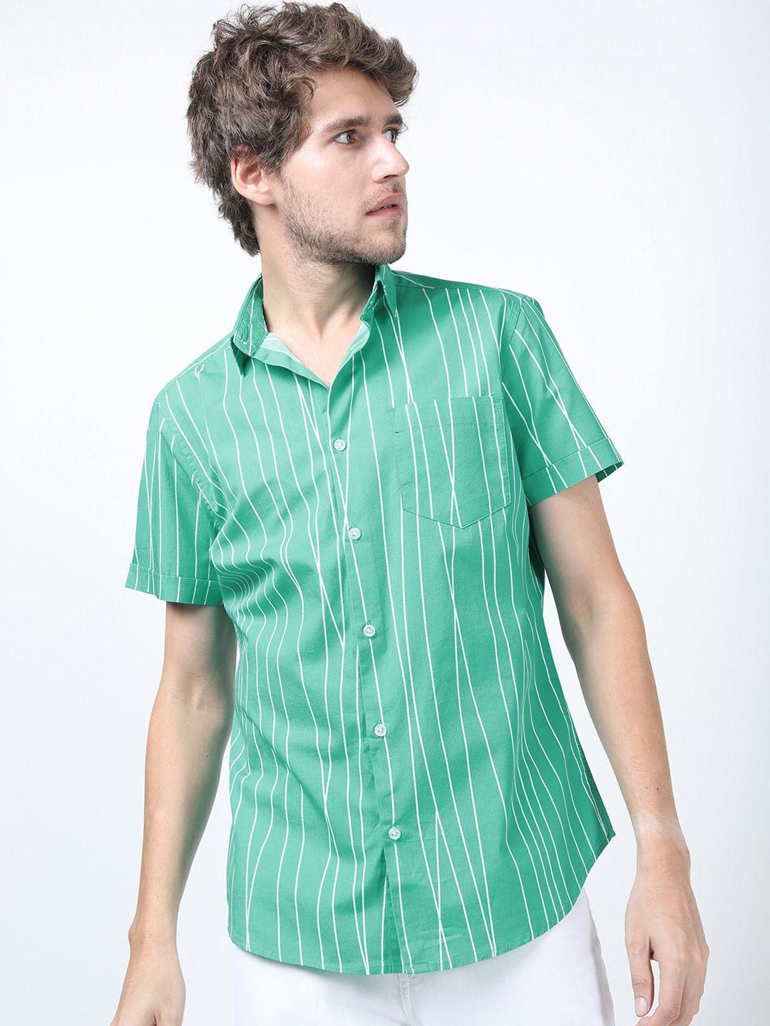 highlander men green slim fit striped casual shirt