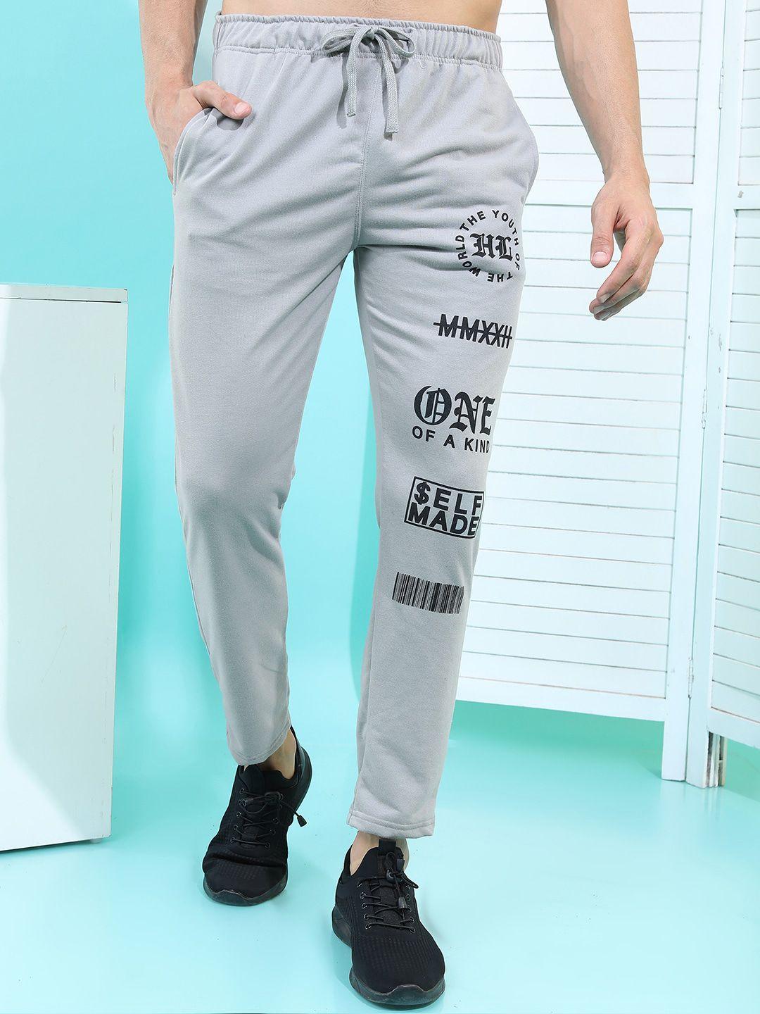 highlander men grey & black typography printed casual trackpants