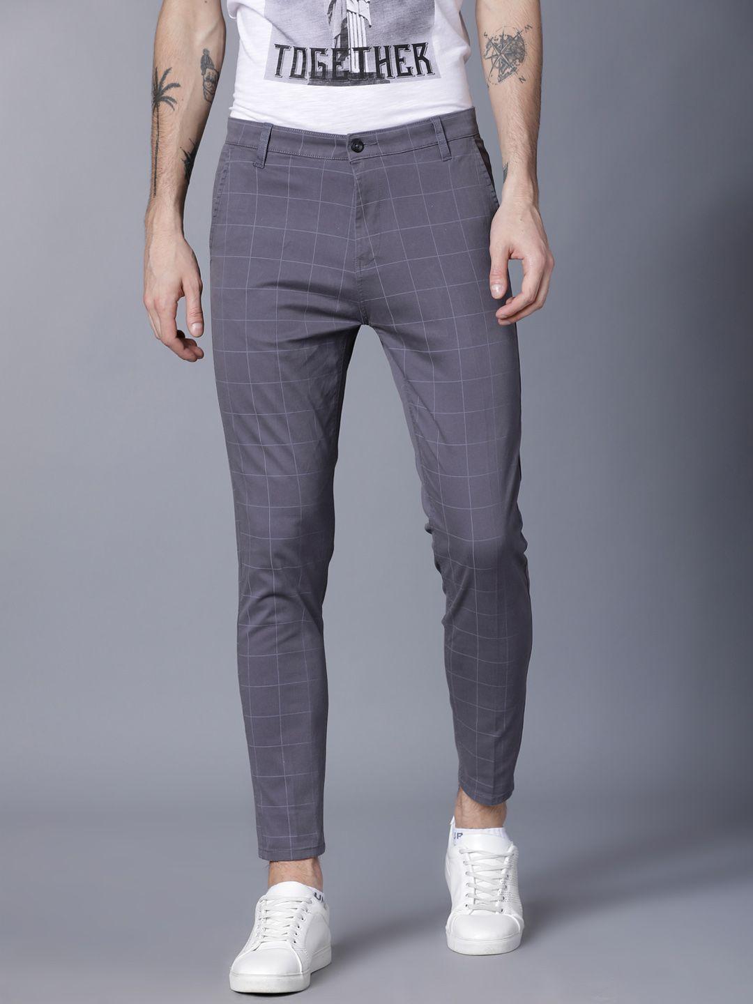 highlander men grey slim fit checked regular trousers