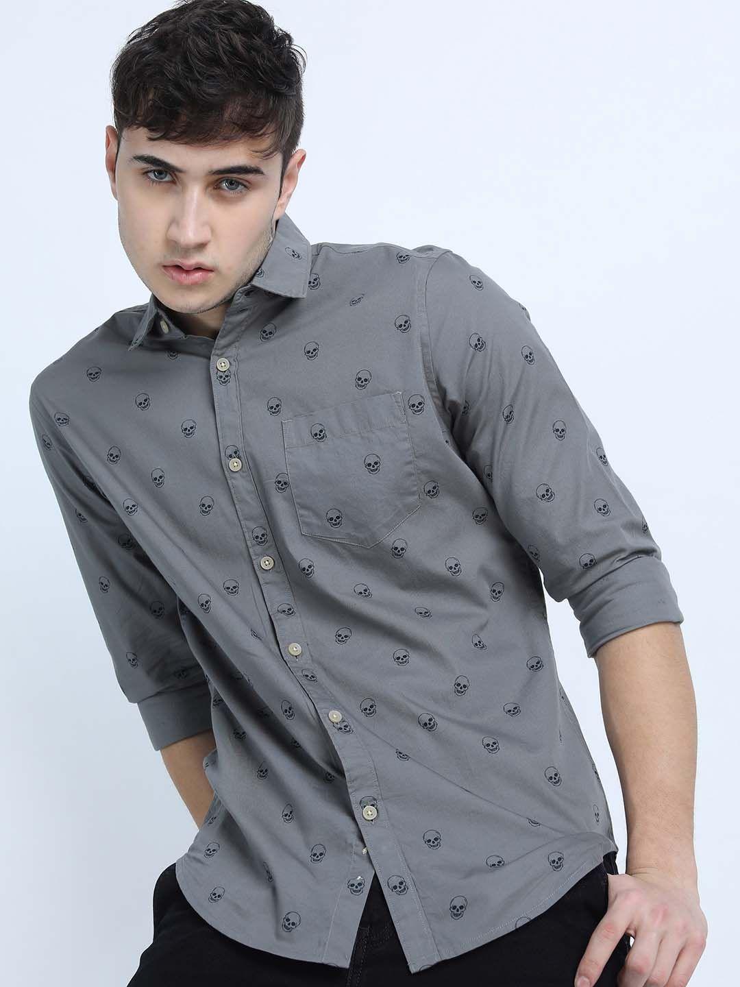 highlander men grey slim fit printed casual shirt