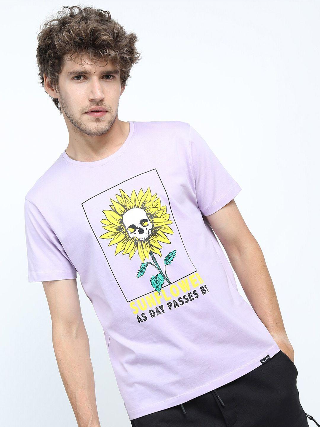 highlander men lavender & yellow printed slim fit t-shirt