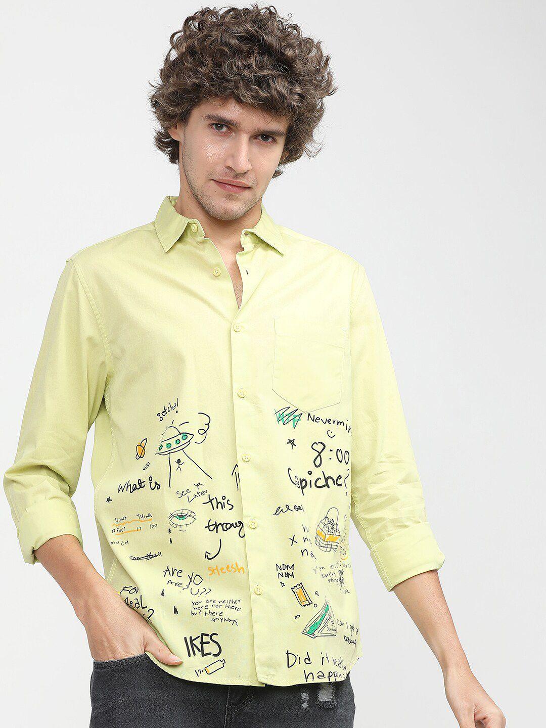 highlander men lime green slim fit opaque printed casual cotton shirt