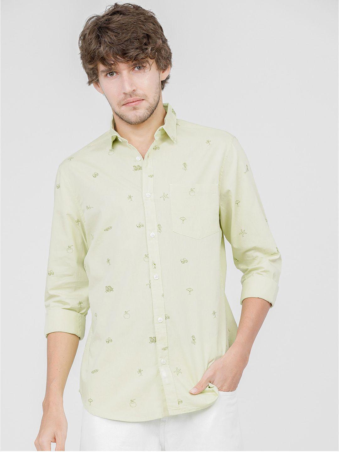 highlander men lime green slim fit opaque printed casual shirt