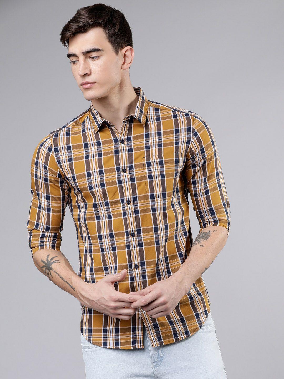 highlander men mustard brown & navy blue slim fit yarn dyed checked casual shirt