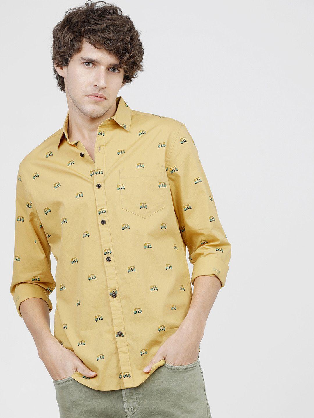 highlander men mustard slim fit printed casual shirt