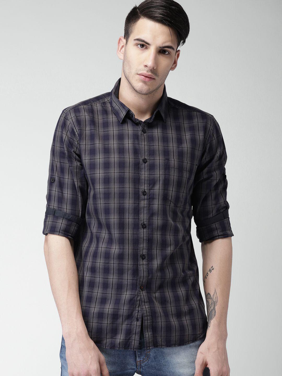 highlander men navy & grey slim fit checked casual shirt