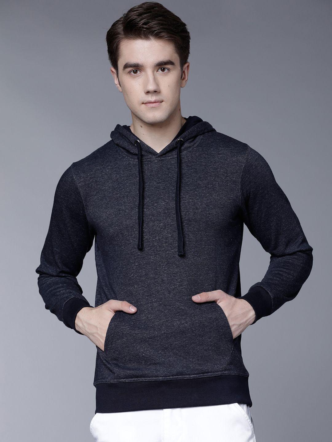 highlander men navy blue & grey solid hooded sweatshirt