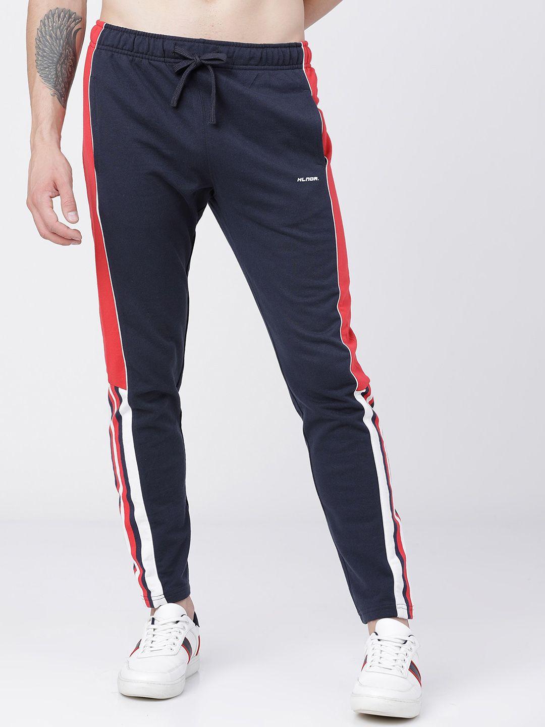 highlander men navy blue & red colourblocked slim-fit track pants