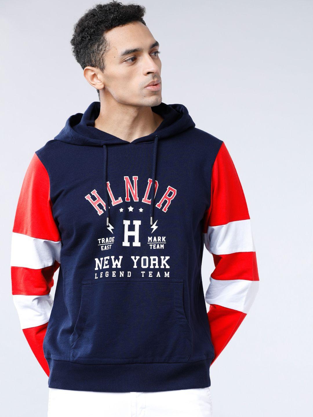 highlander men navy blue & red printed hooded sweatshirt