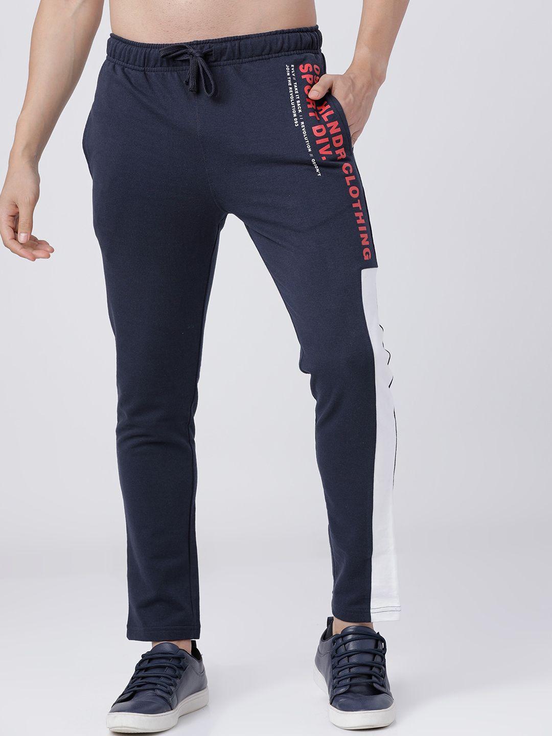 highlander men navy blue & red typography slim-fit track pants