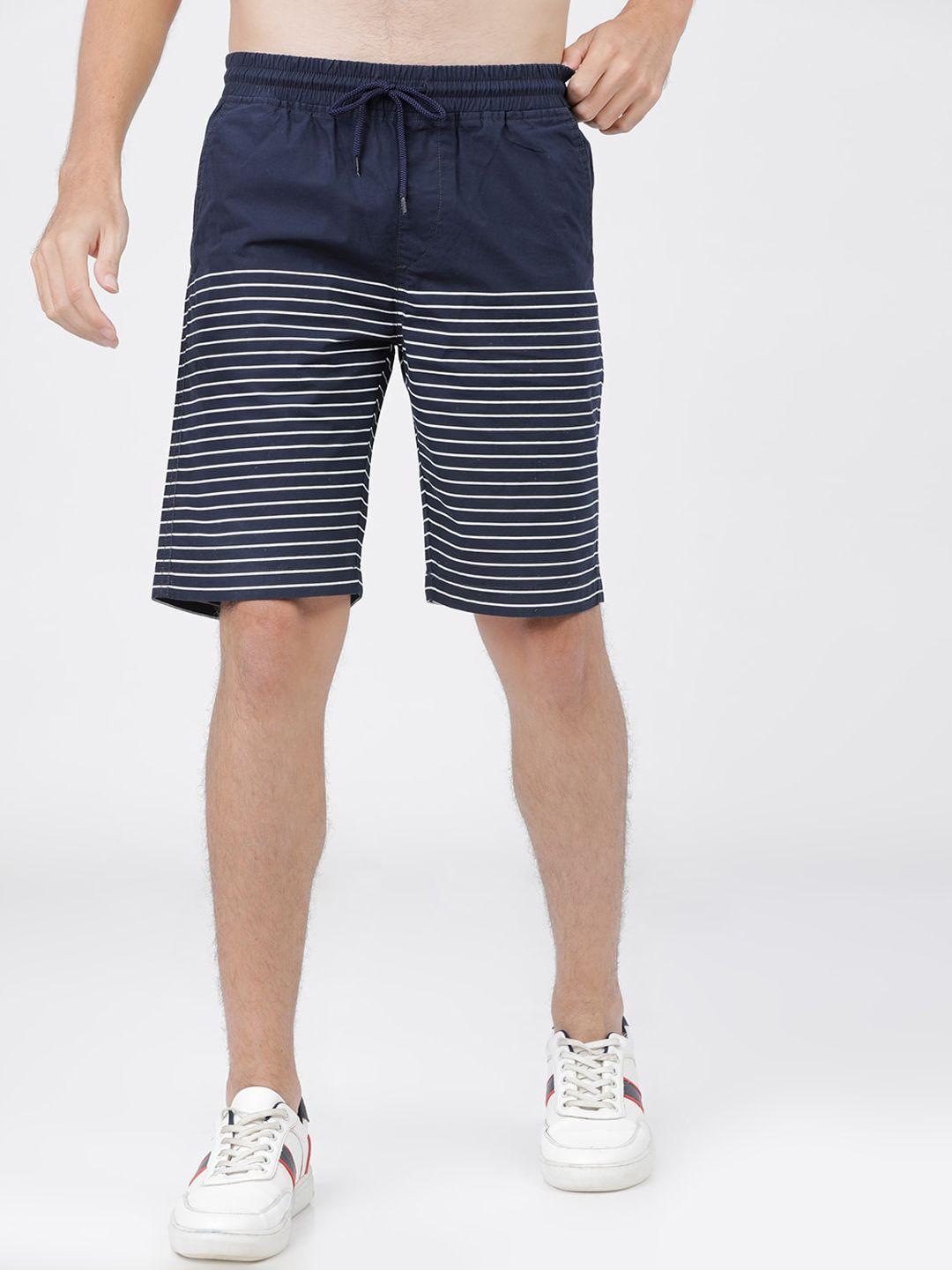 highlander men navy blue & white striped slim fit mid-rise regular shorts