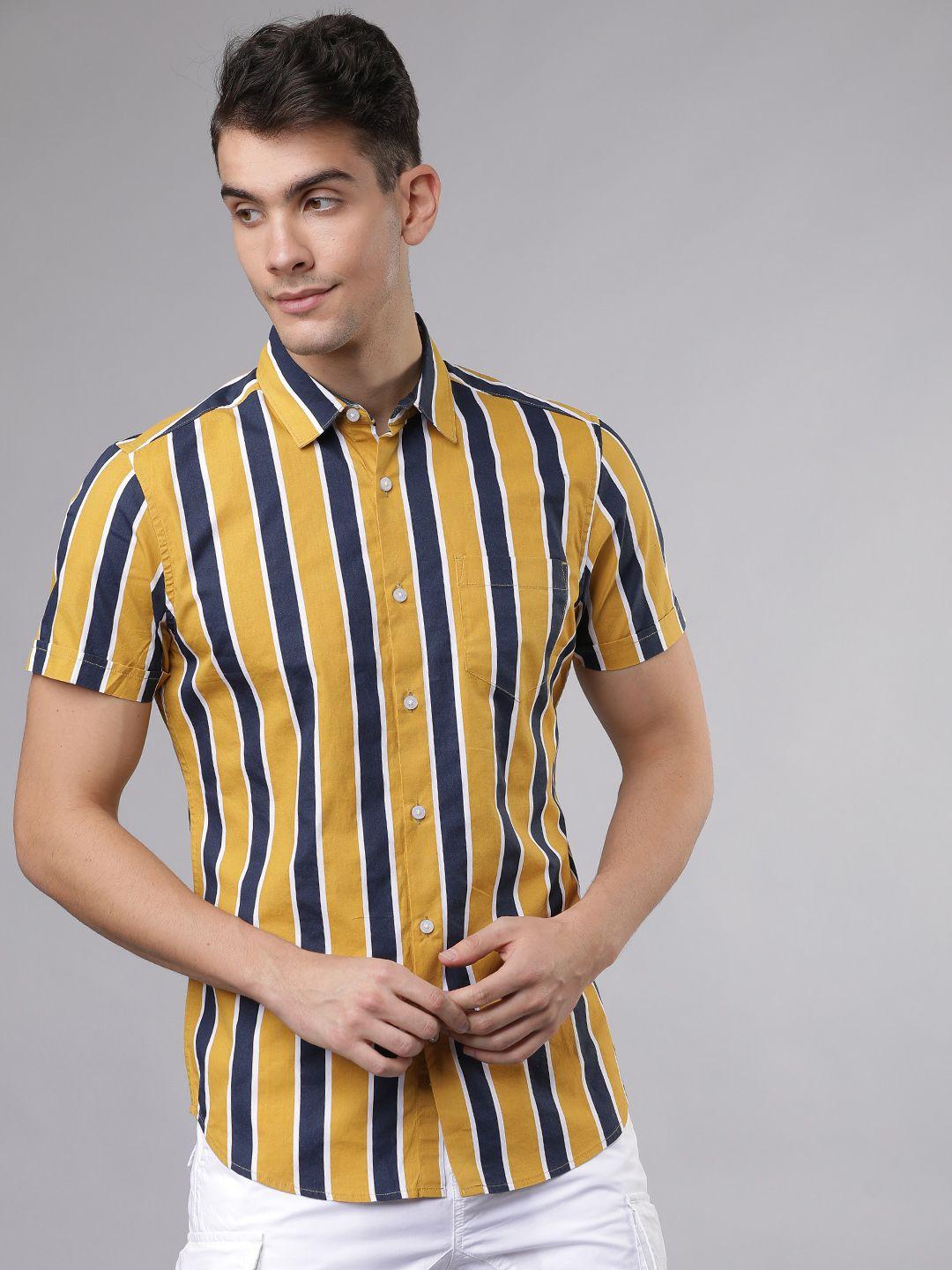 highlander men navy blue & yellow slim fit striped casual shirt