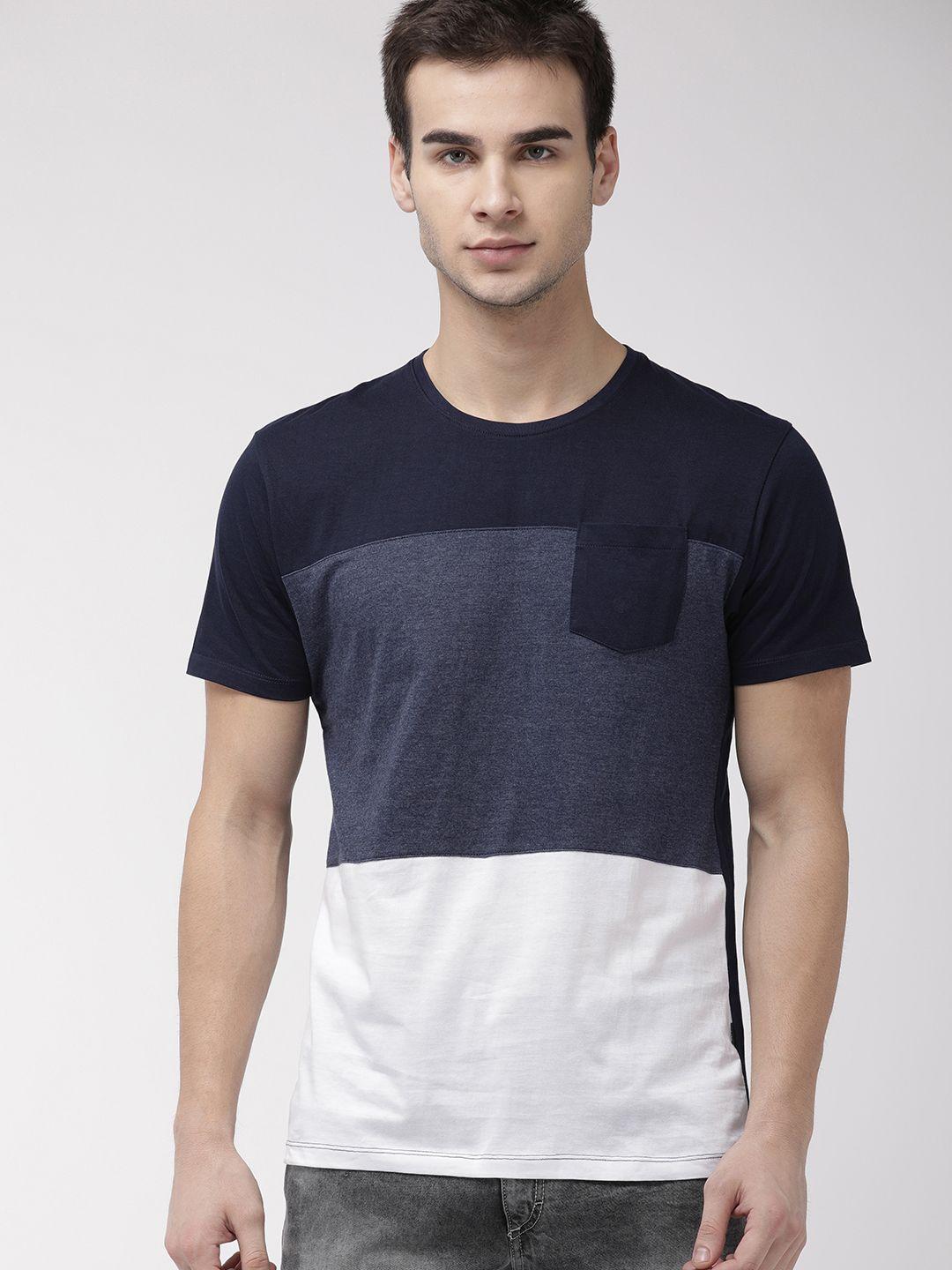 highlander men navy blue  white slim fit colourblocked round neck pure cotton t-shirt