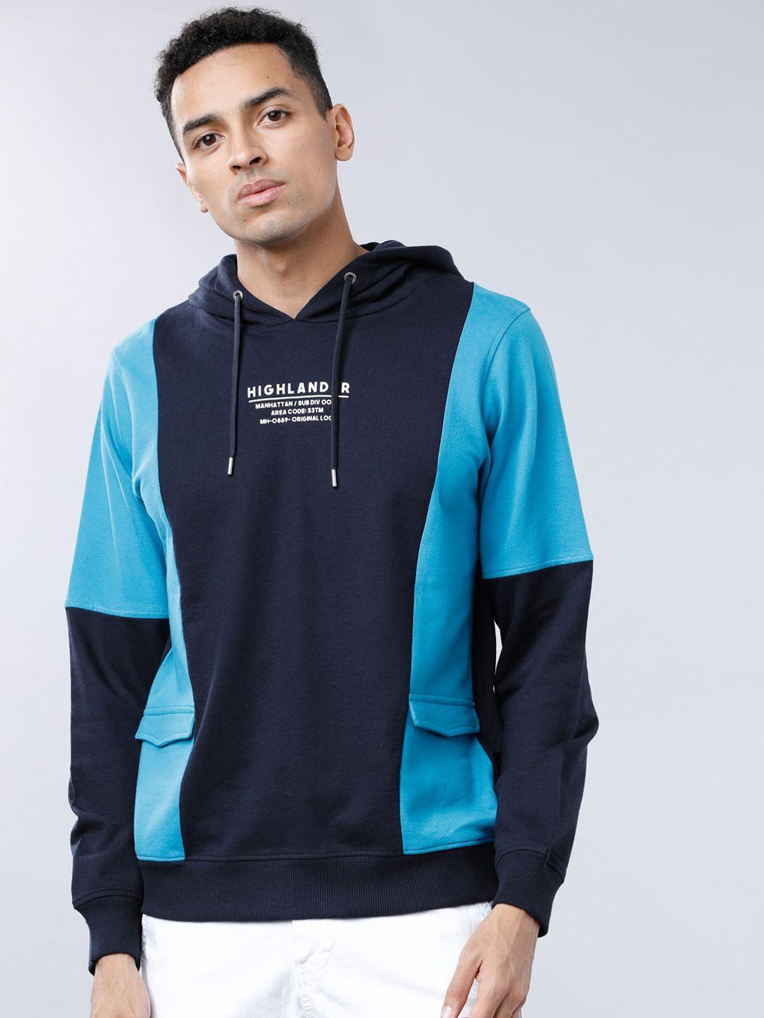 highlander men navy blue colourblocked hooded sweatshirt