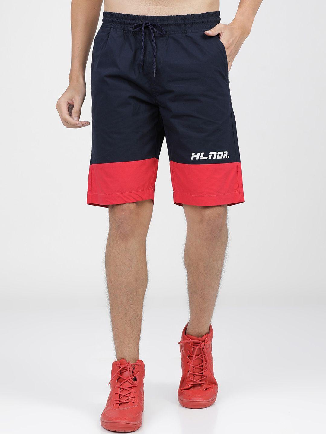 highlander men navy blue colourblocked slim fit regular shorts