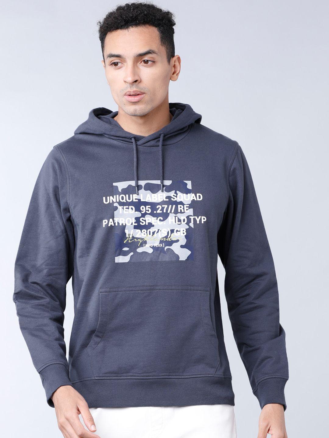 highlander men navy blue printed hooded sweatshirt