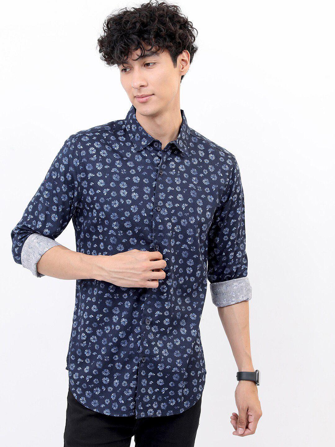 highlander men navy blue slim fit floral printed cotton casual shirt