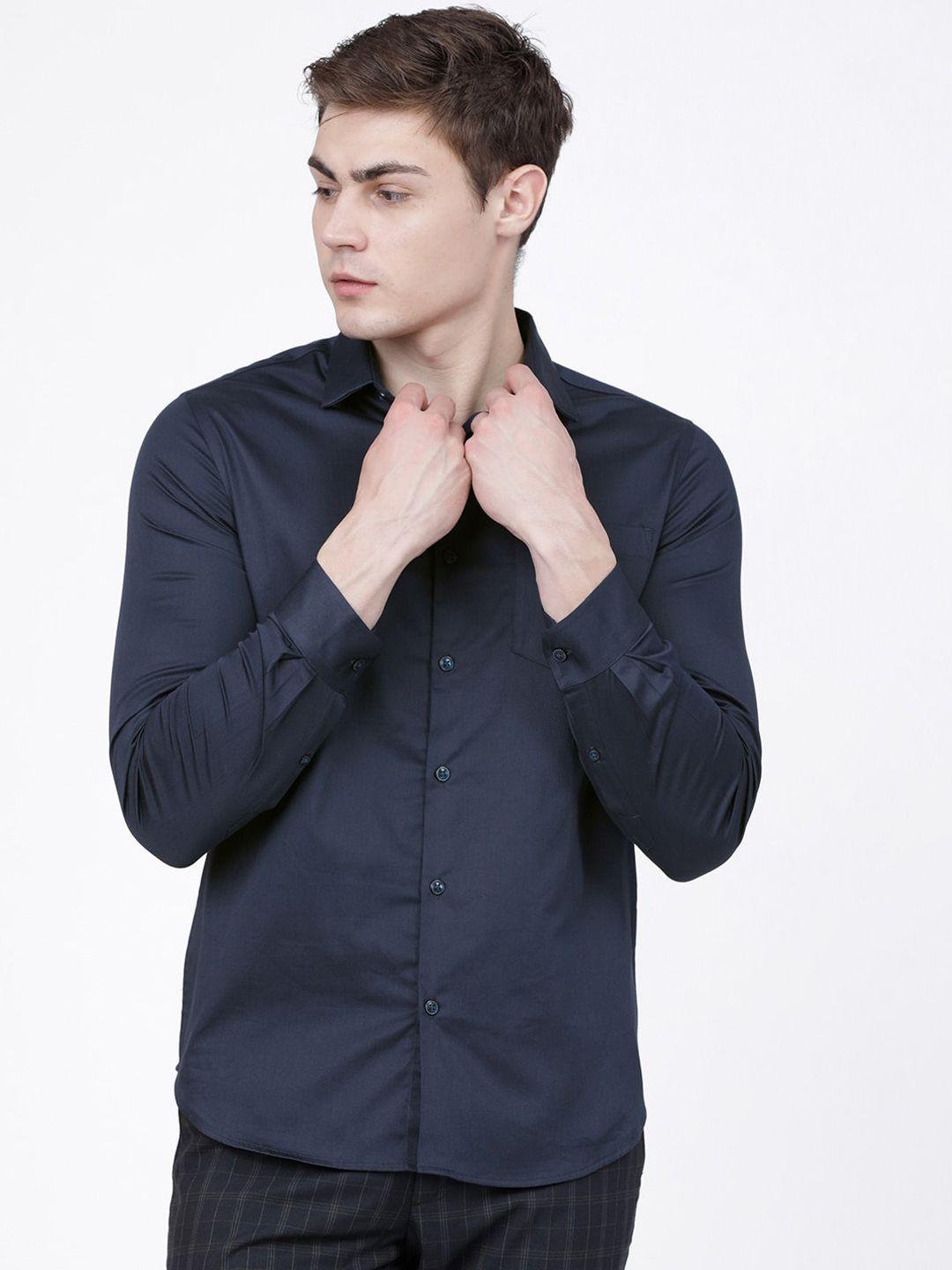 highlander men navy blue slim fit solid casual shirt