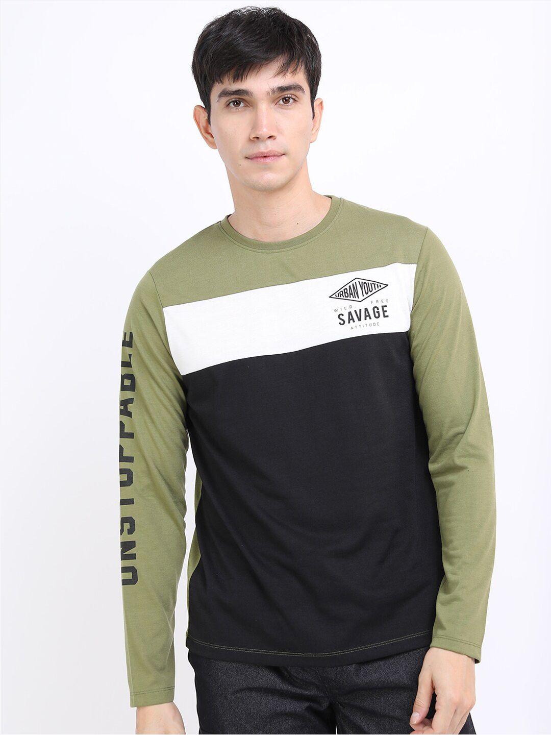 highlander men olive green & black colourblocked slim fit t-shirt