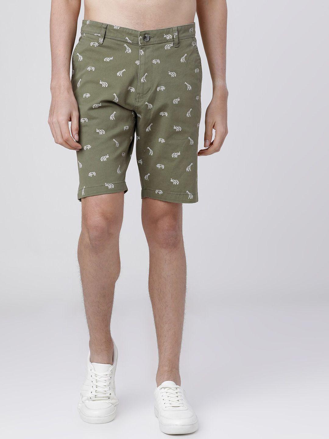 highlander men olive green printed slim fit regular shorts