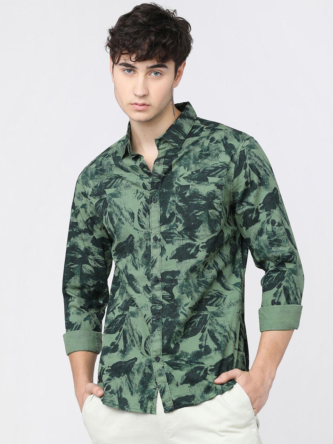 highlander men olive green slim fit floral opaque printed casual shirt