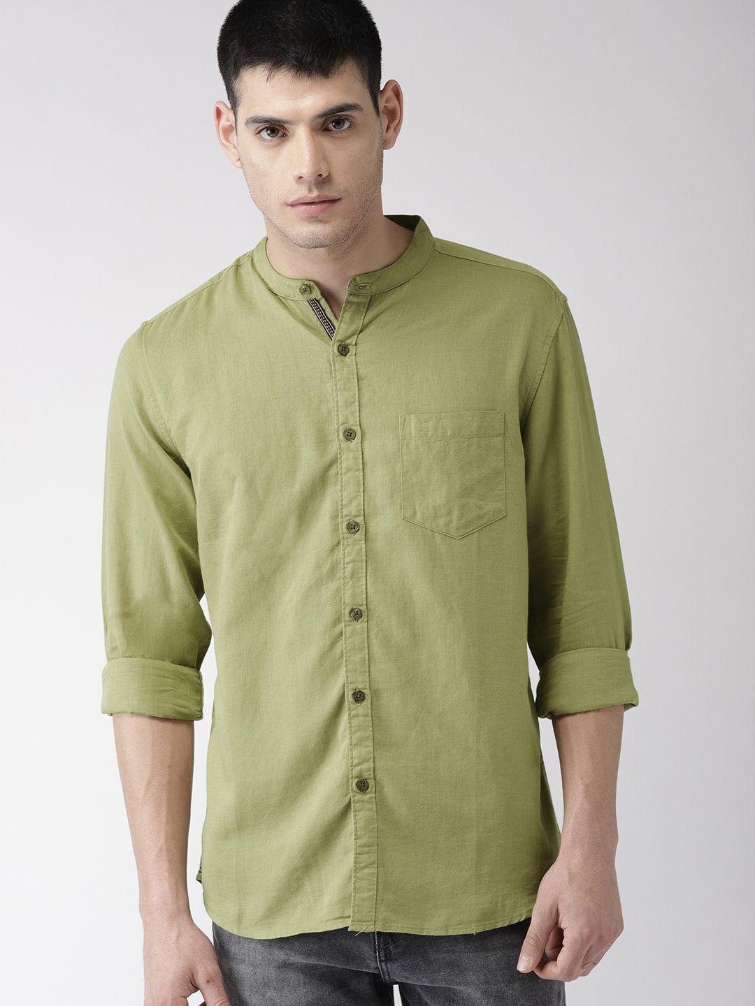 highlander men olive green slim fit solid casual shirt