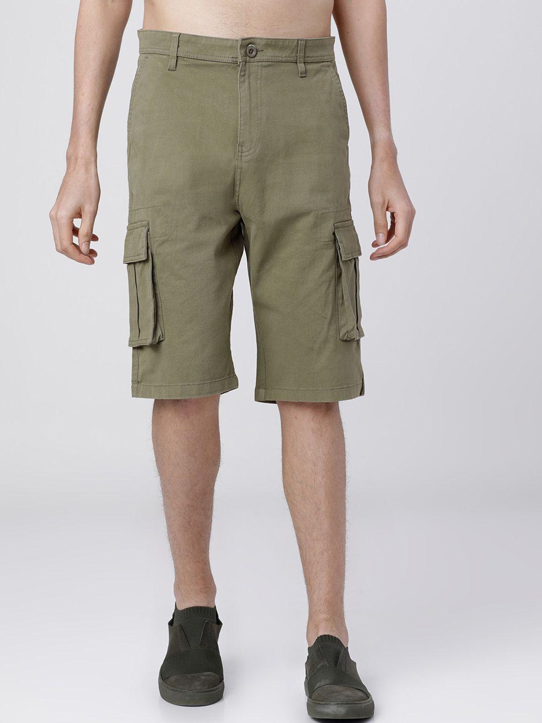 highlander men olive green solid slim fit cargo shorts