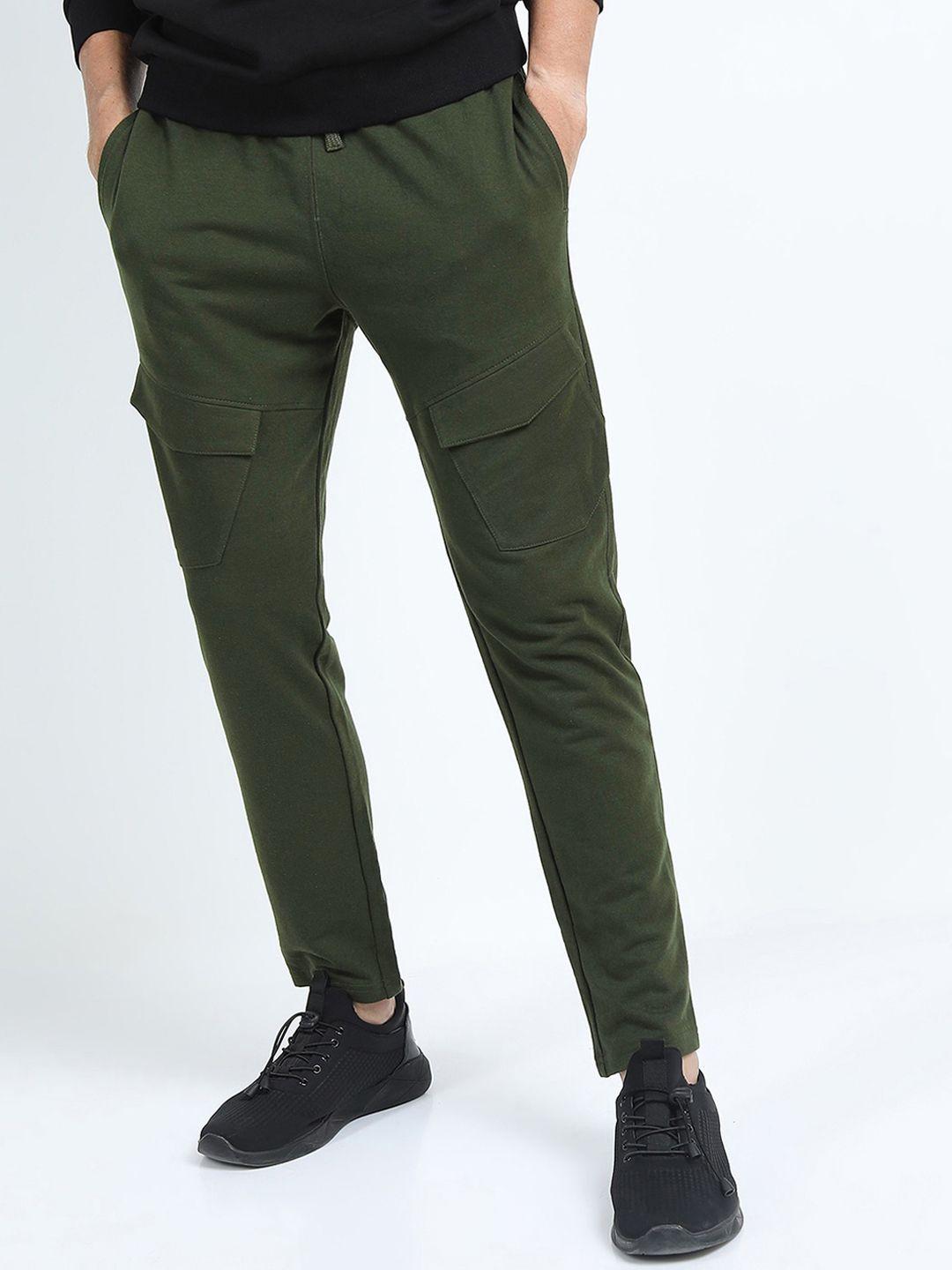 highlander men olive-green solid slim fit track pants