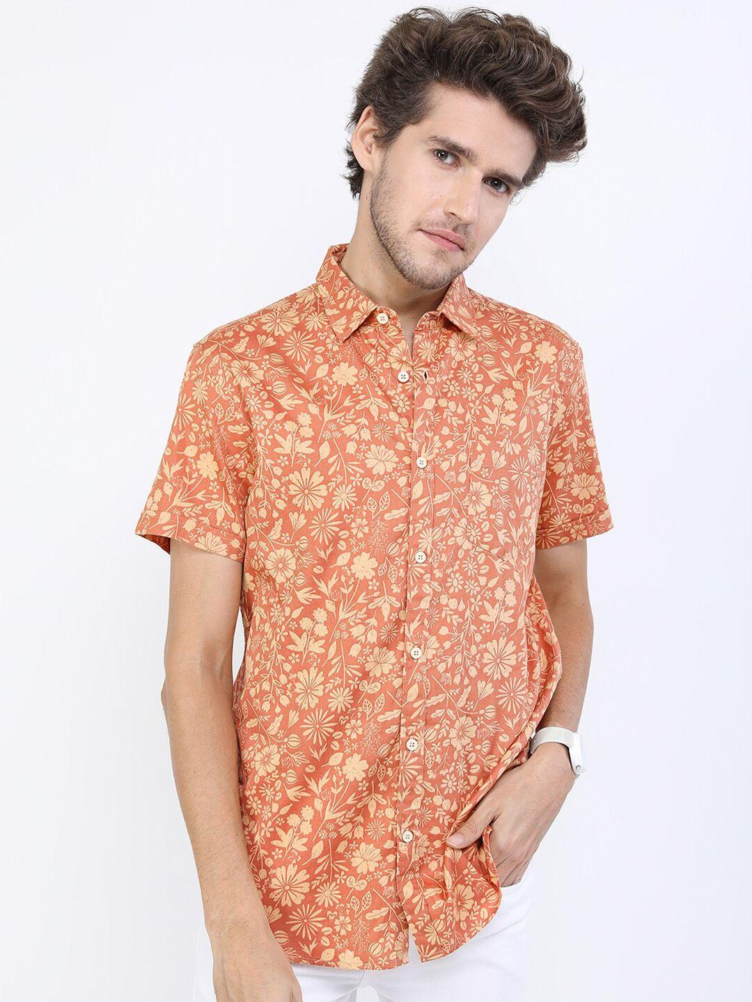 highlander men orange slim fit floral printed casual shirt