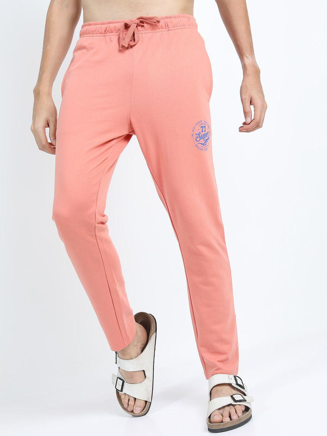 highlander men peach-coloured & purple printed slim-fit track pant