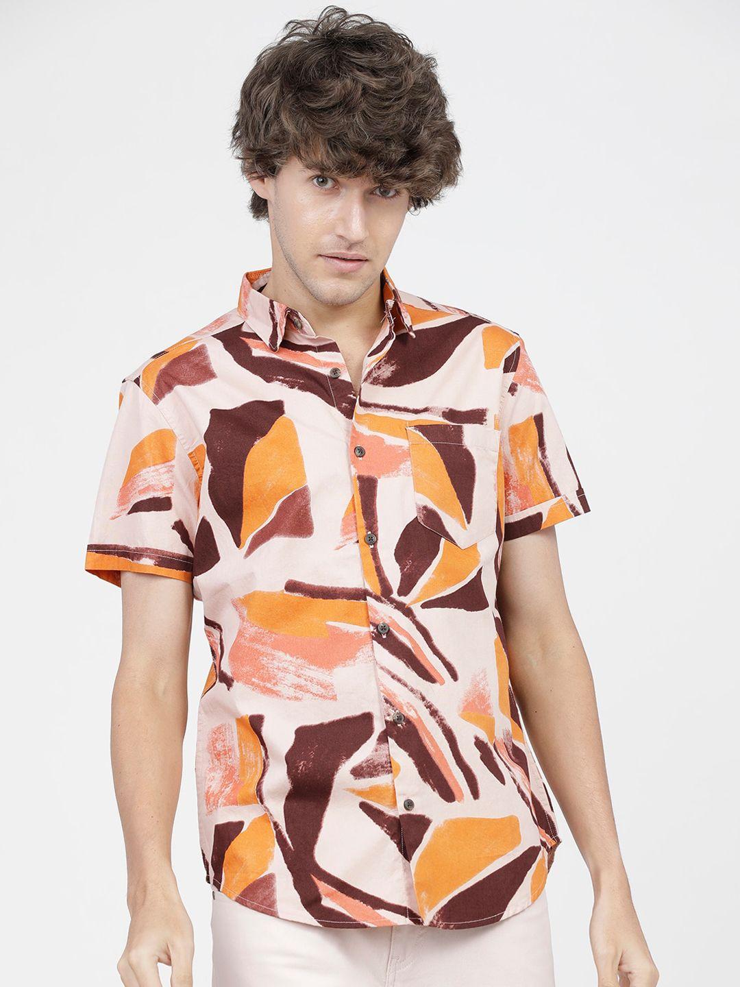 highlander men peach-coloured slim fit opaque printed casual shirt