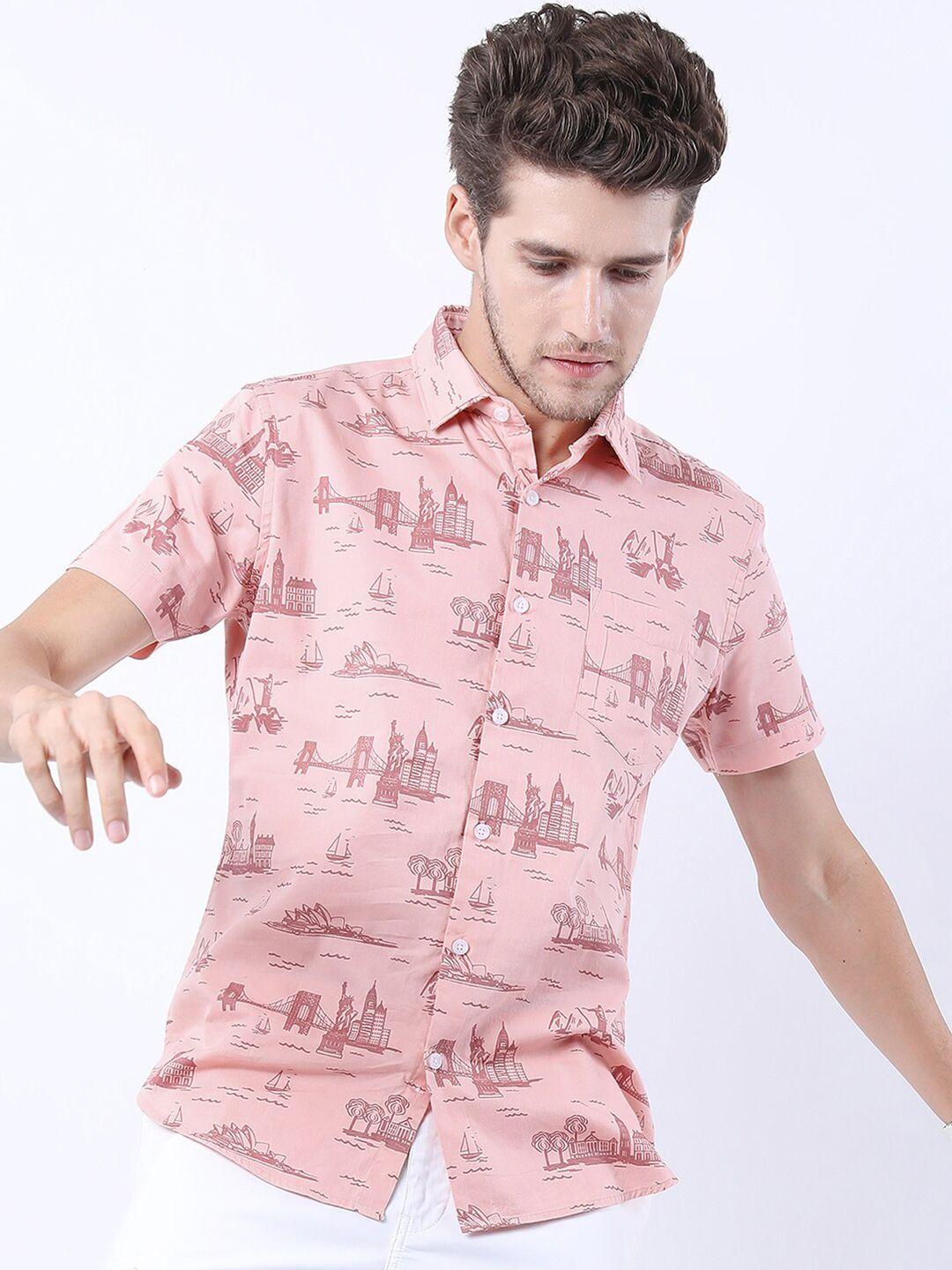 highlander men peach-coloured slim fit printed casual shirt