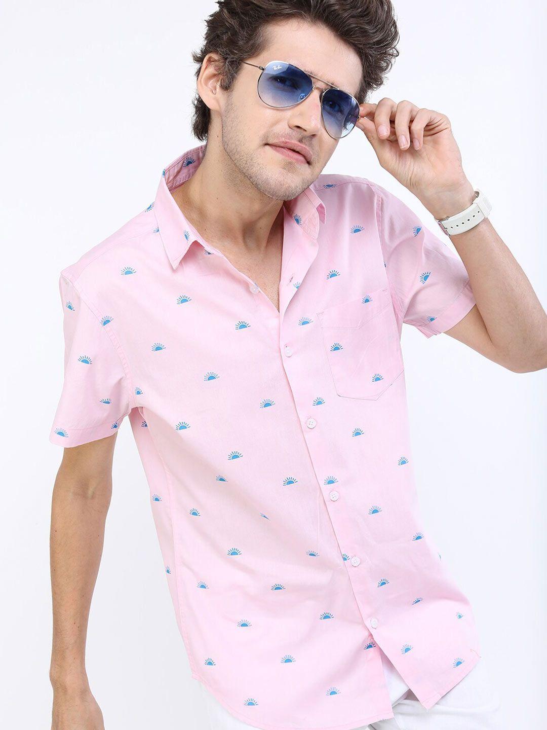 highlander men pink & blue printed cotton slim fit casual shirt