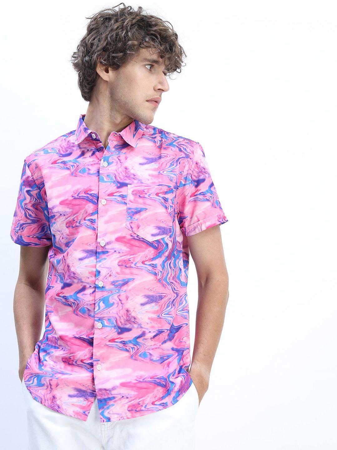 highlander men pink & blue slim fit printed casual shirt