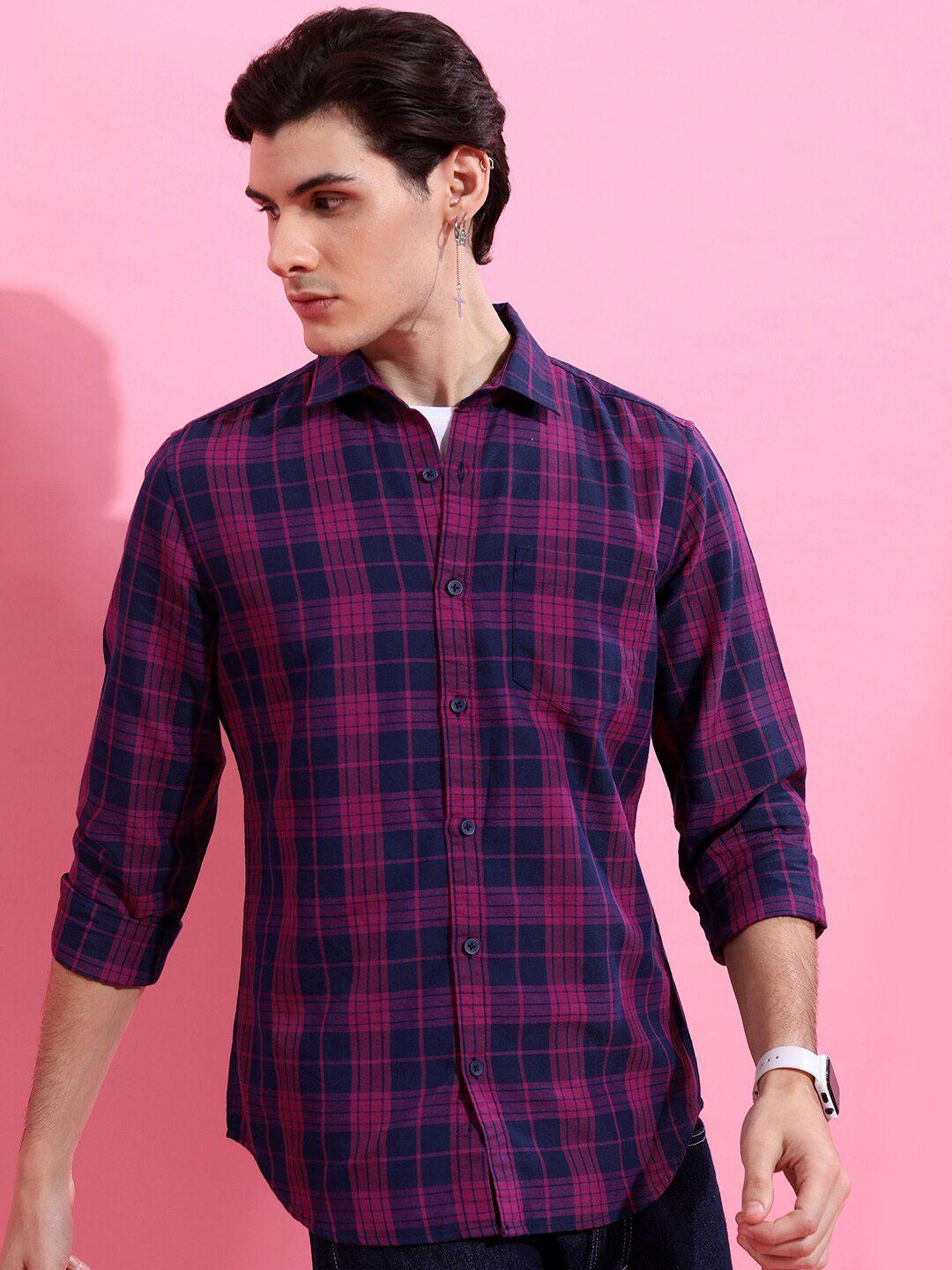 highlander men pink slim fit opaque checked casual shirt