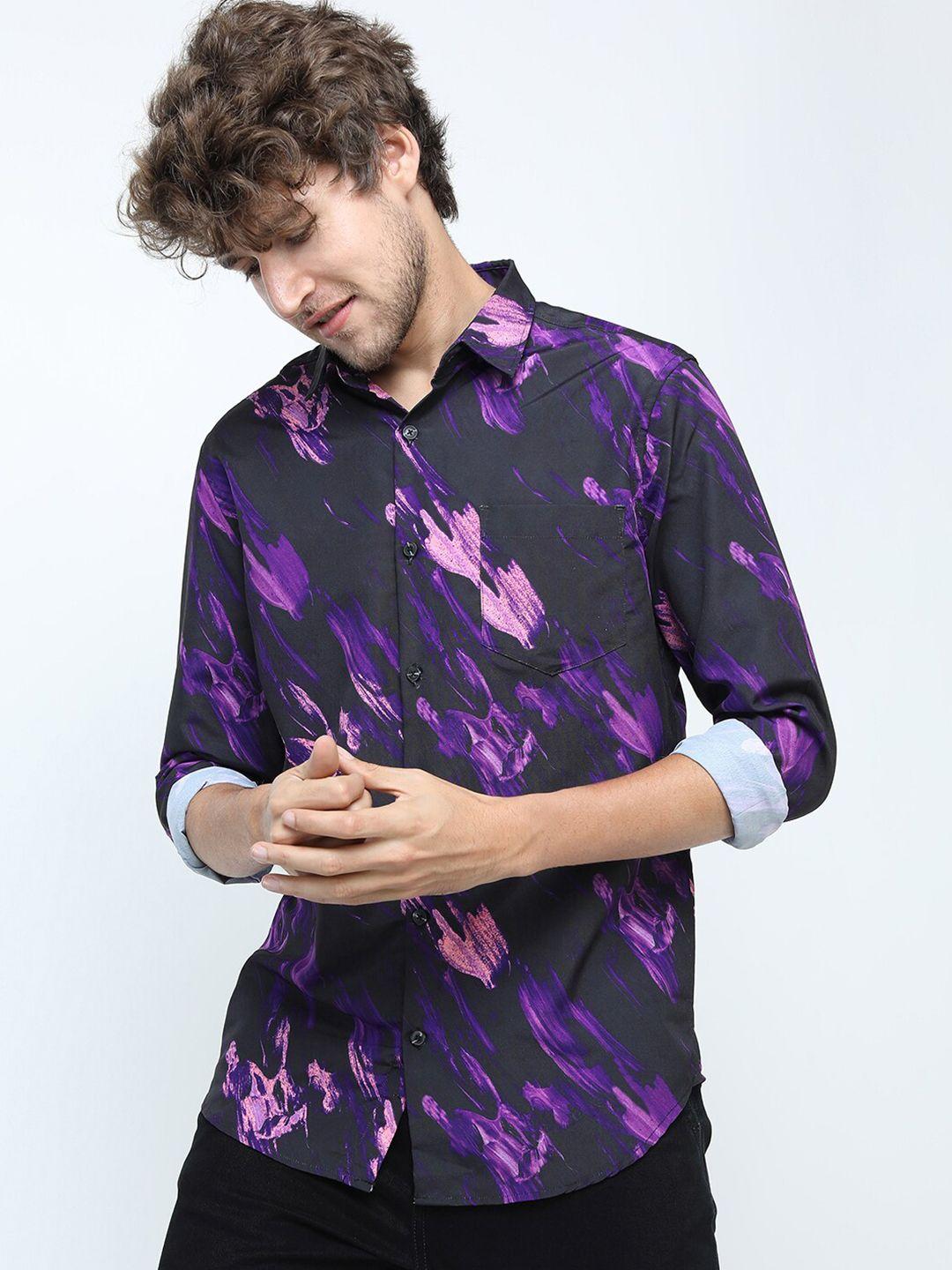 highlander men purple & black printed slim fit casual shirt