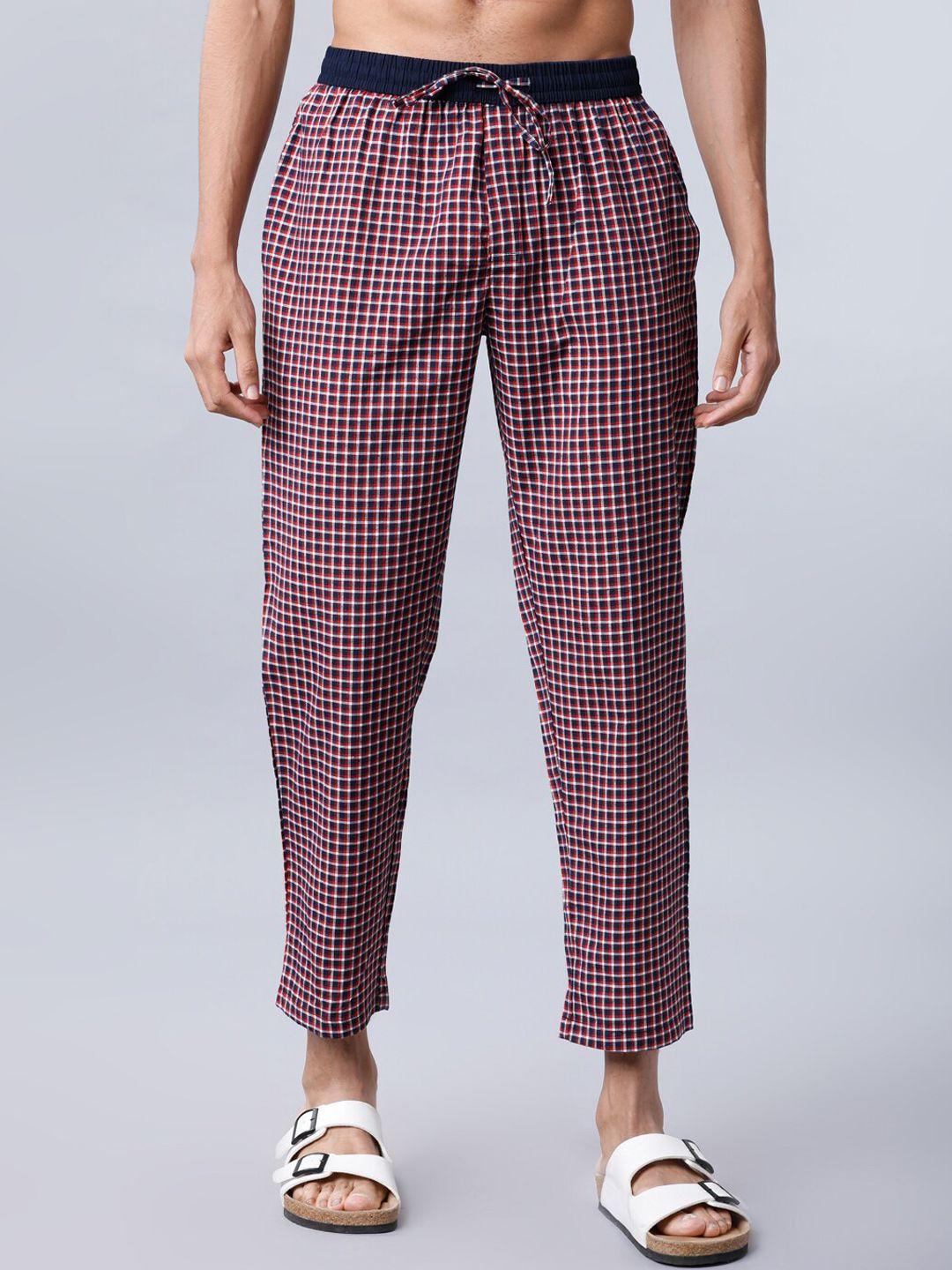 highlander men red & navy blue checked cropped lounge pants